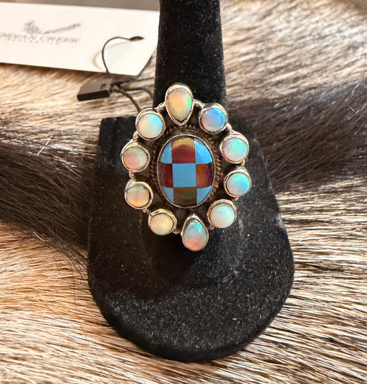 Checkered and Opal Adjustable Sterling Ring