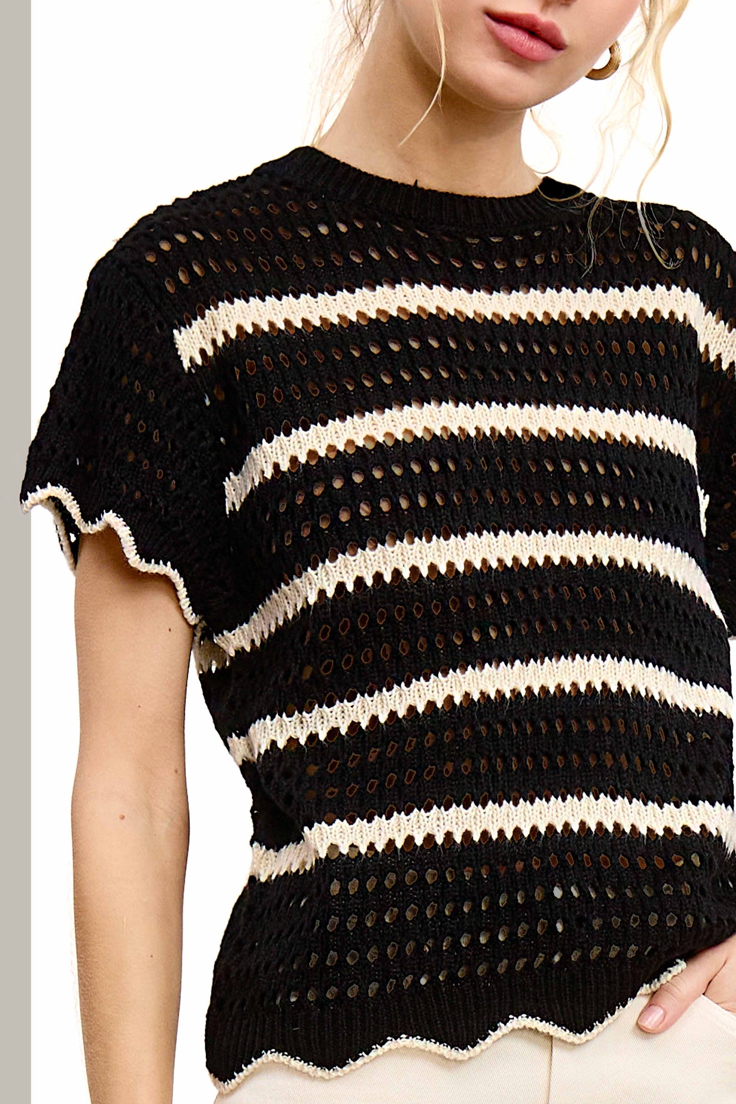 MDS3603-Round Neck Scalloped Edge Short Sleeve Sweater Easte