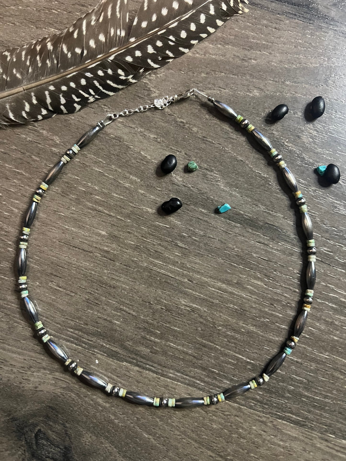 Sterling Silver Torpedo Pearl and Green Turquoise Necklace