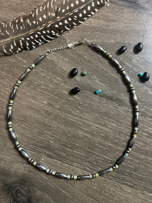 Sterling Silver Torpedo Pearl and Green Turquoise Necklace