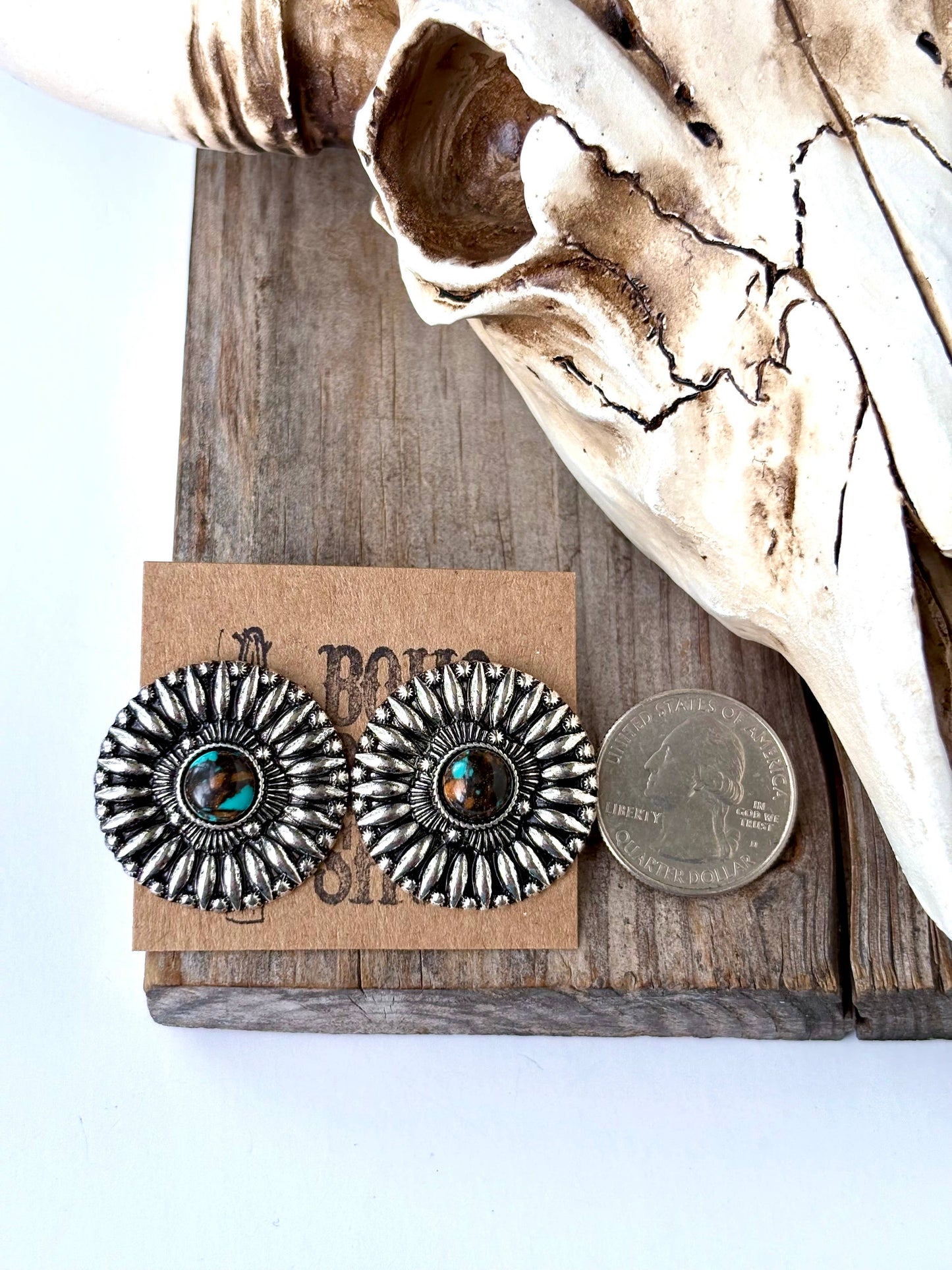 Western Round Concho with Stone Stud Earrings