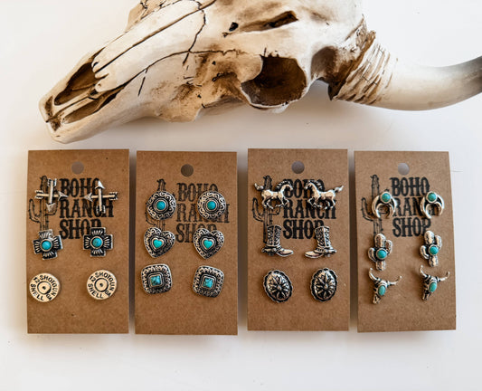 3 Pair Western Theme Stone Earring Set 
