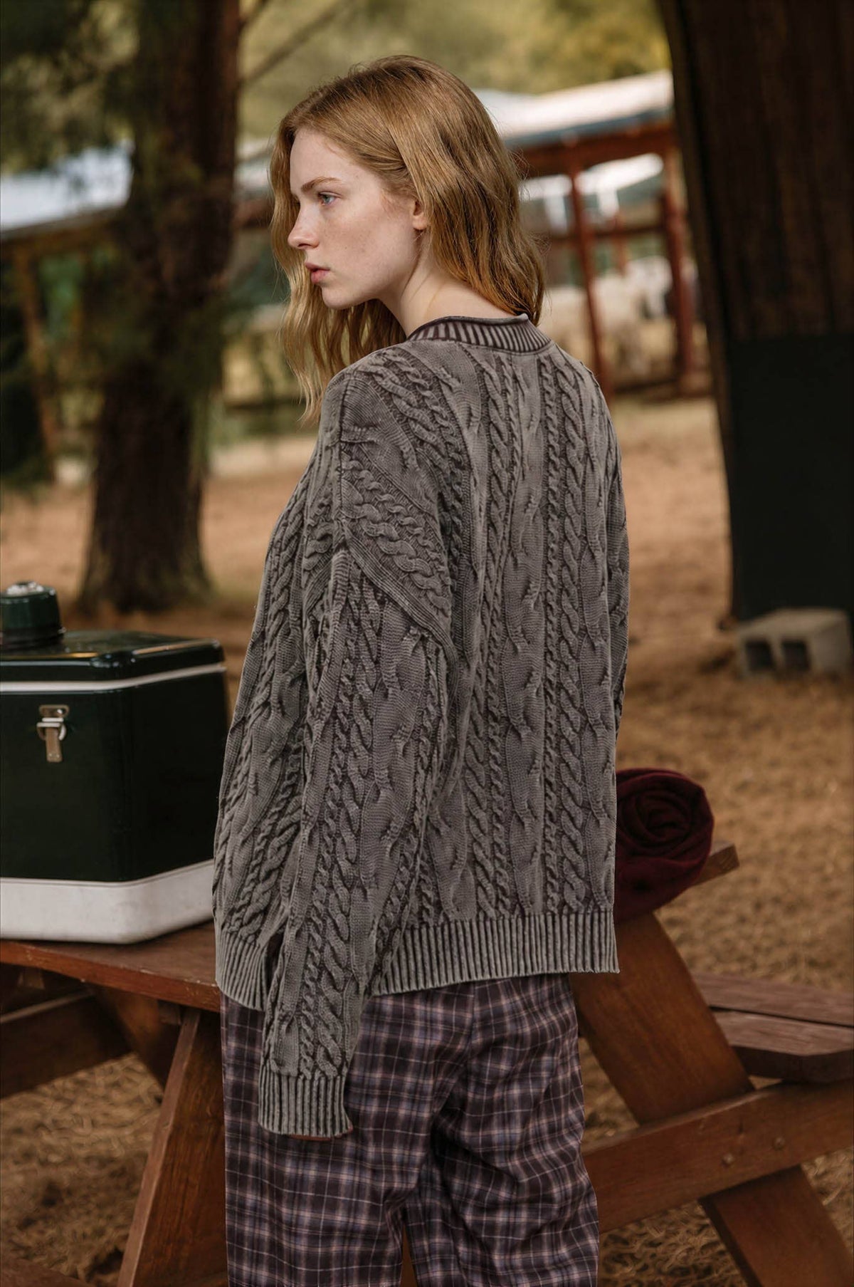 WASHED PATTERN CABLE KNIT BUTTON DOWN CARDIGAN