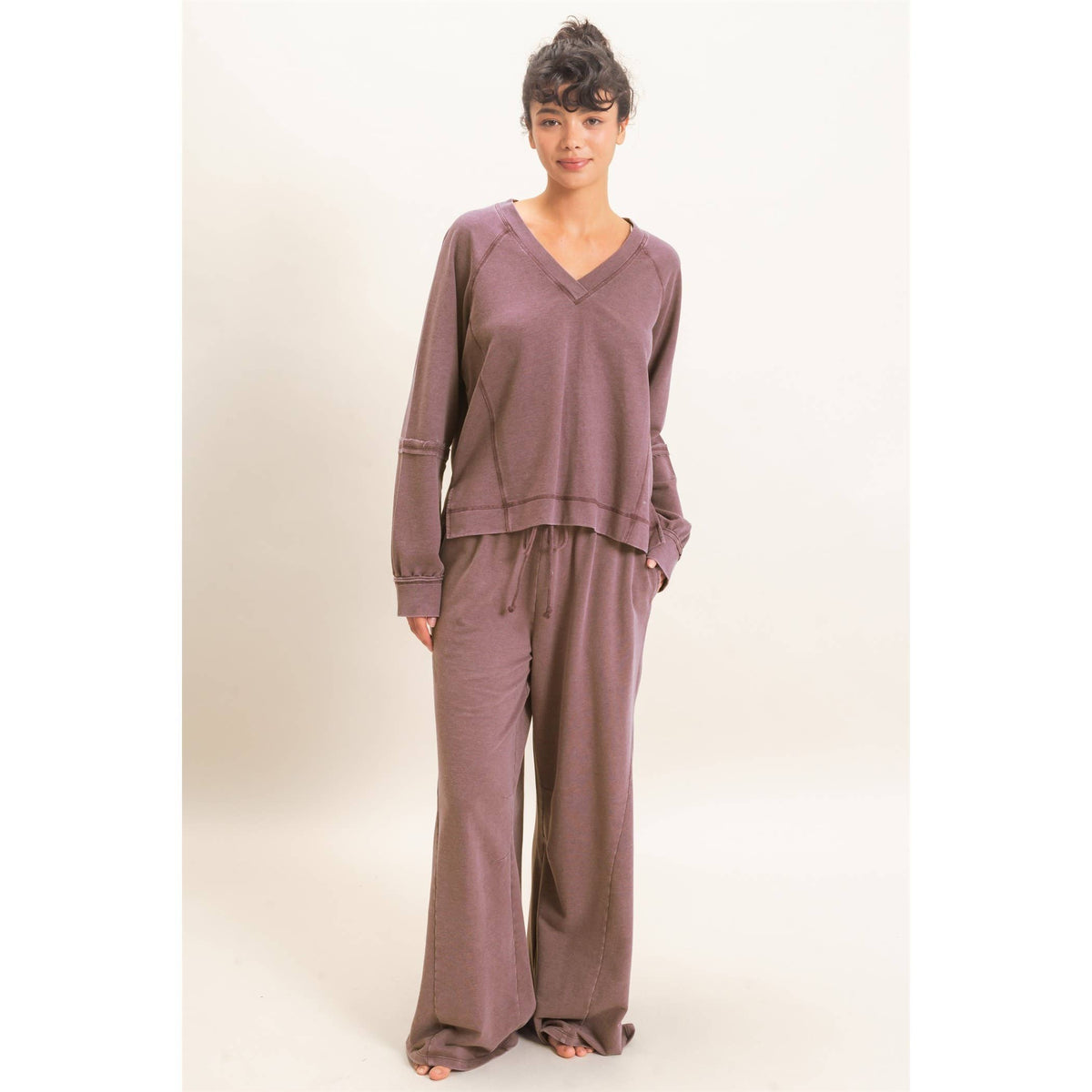 Mineral Wash V-Neck Seam Detail Sweatshirt