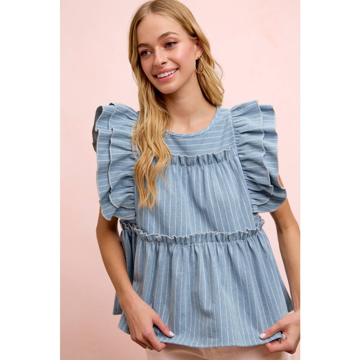 STRIPE DENIM RUFFLE SLEEVES TOP WITH BACK KEY HOLE