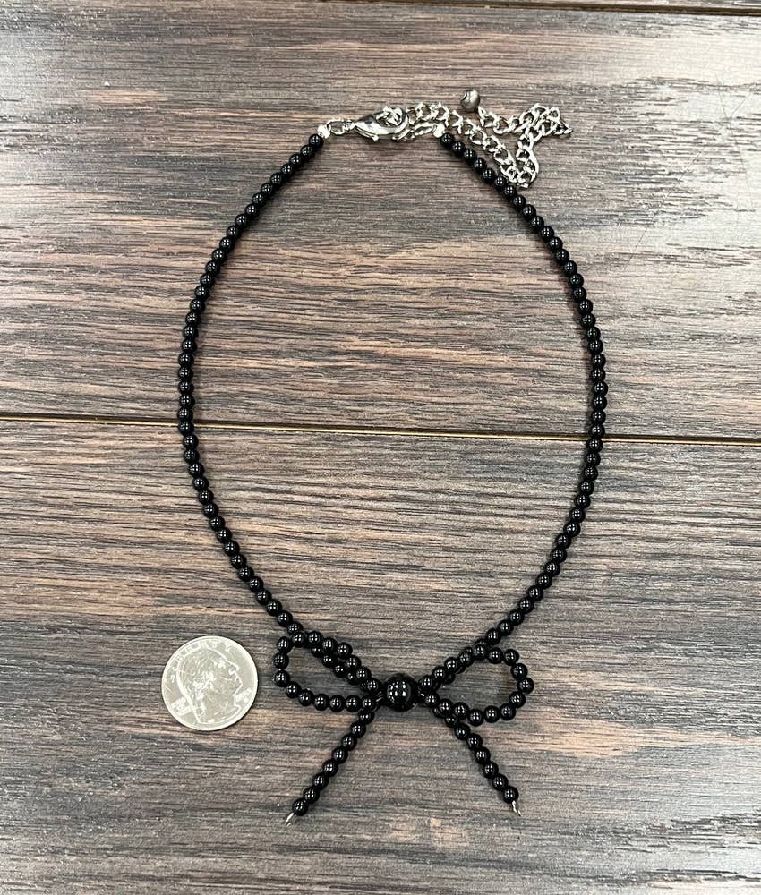 739576, Handmade 15" 4mm Coated Black Bow Necklace
