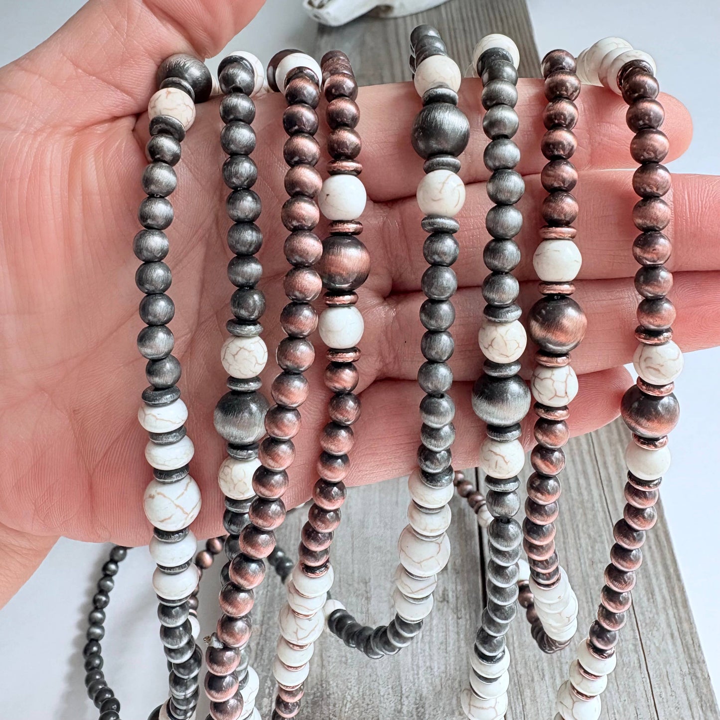 60″ Western Navajo Style Pearl & Stone Bead Long Necklace