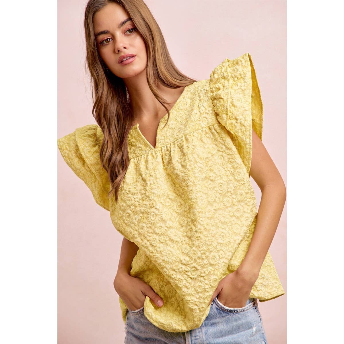 FLOWER JACQUARD RUFFLED NECK DROP BLOUSE TOP