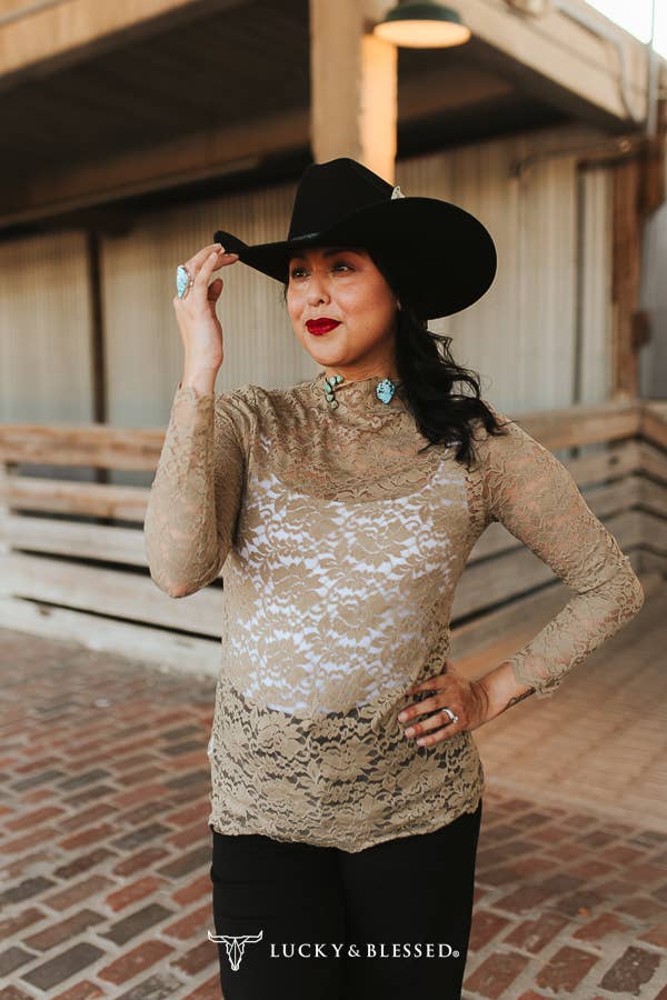 Taupe Floral Lace Mock Neck Long Sleeve Top