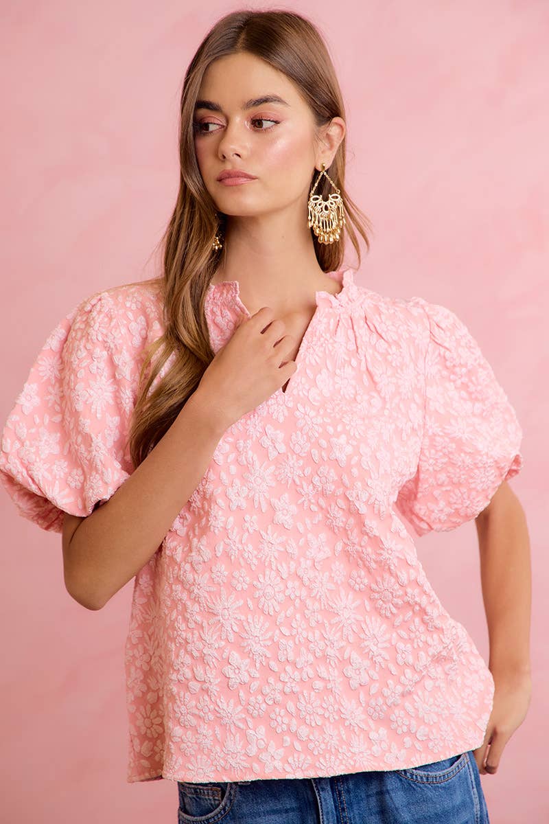 FLORAL PATTERN TEXTURE SLEEVES RUFFLED V-NECK TOP