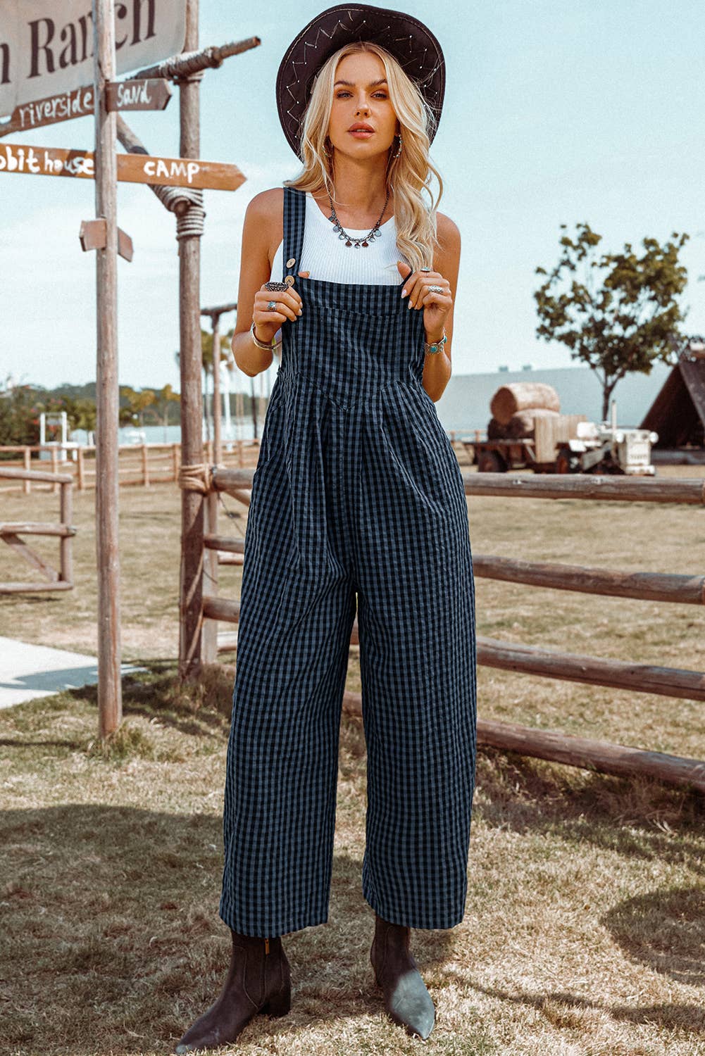 Plaid Print Buttoned Pocketed High Waist Overall