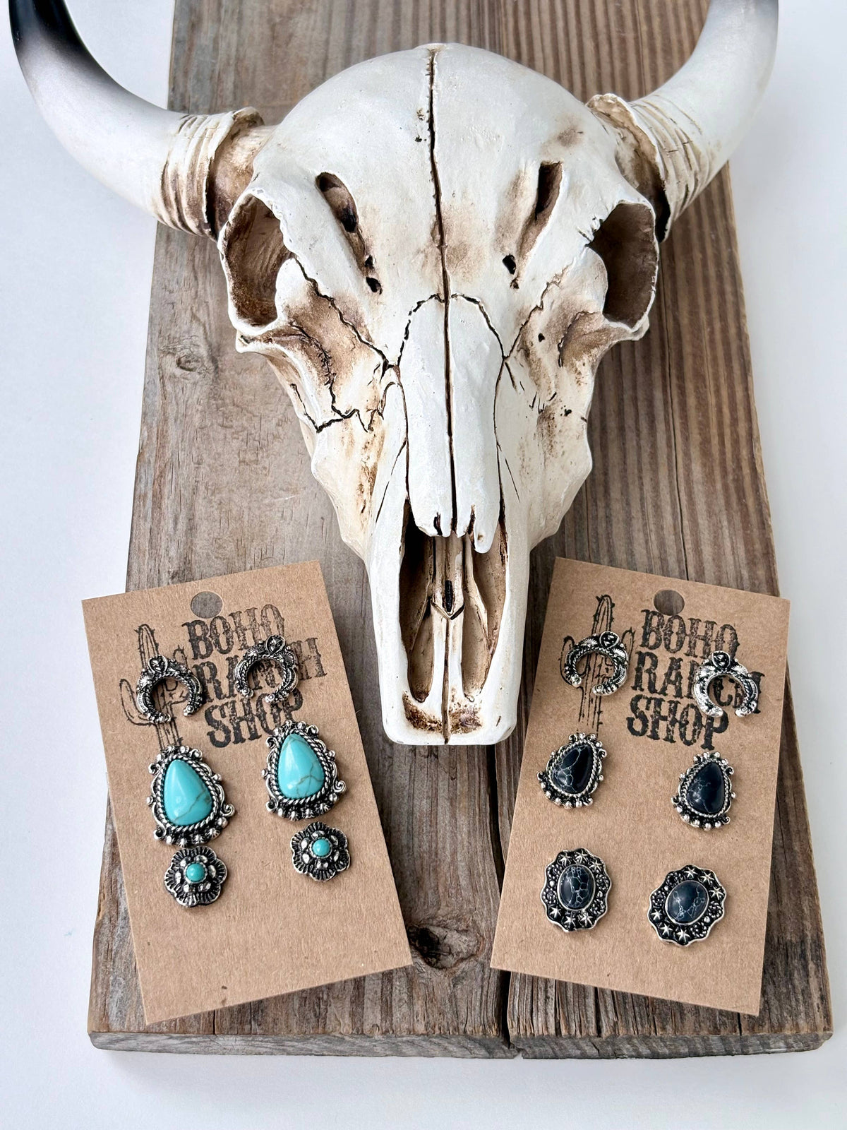 3 Set of Western Style Turquoise Stone Concho Stud Earrings