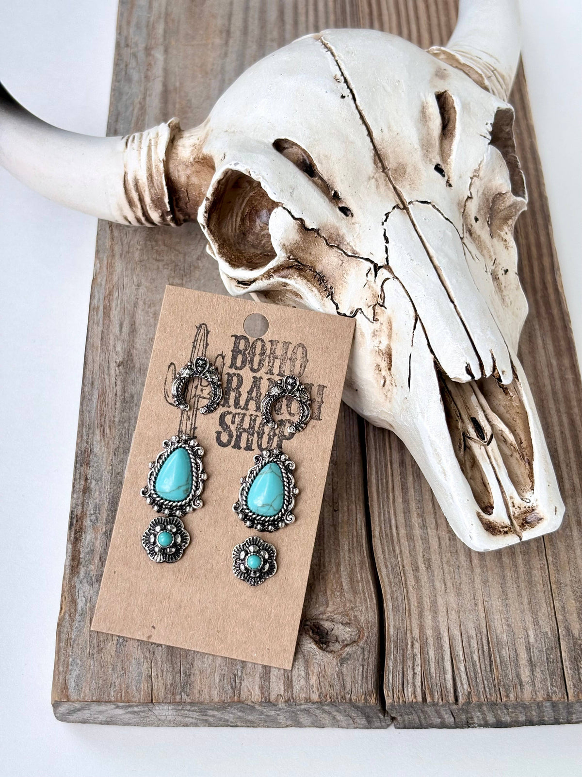 3 Set of Western Style Turquoise Stone Concho Stud Earrings