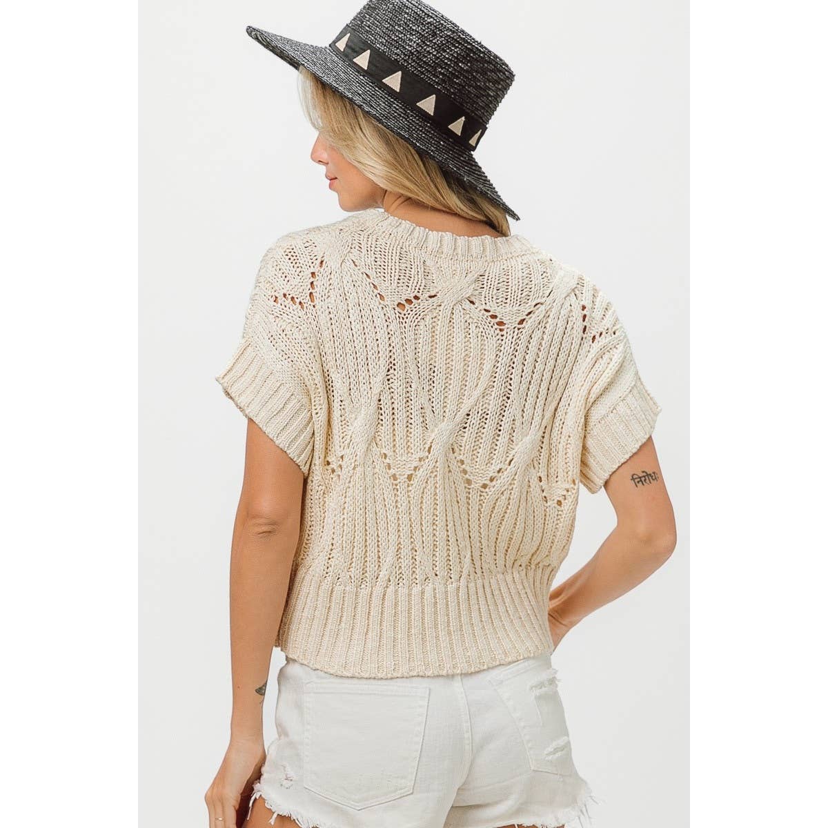 CABLE TEXTURE OPEN KNIT SWEATER TOP