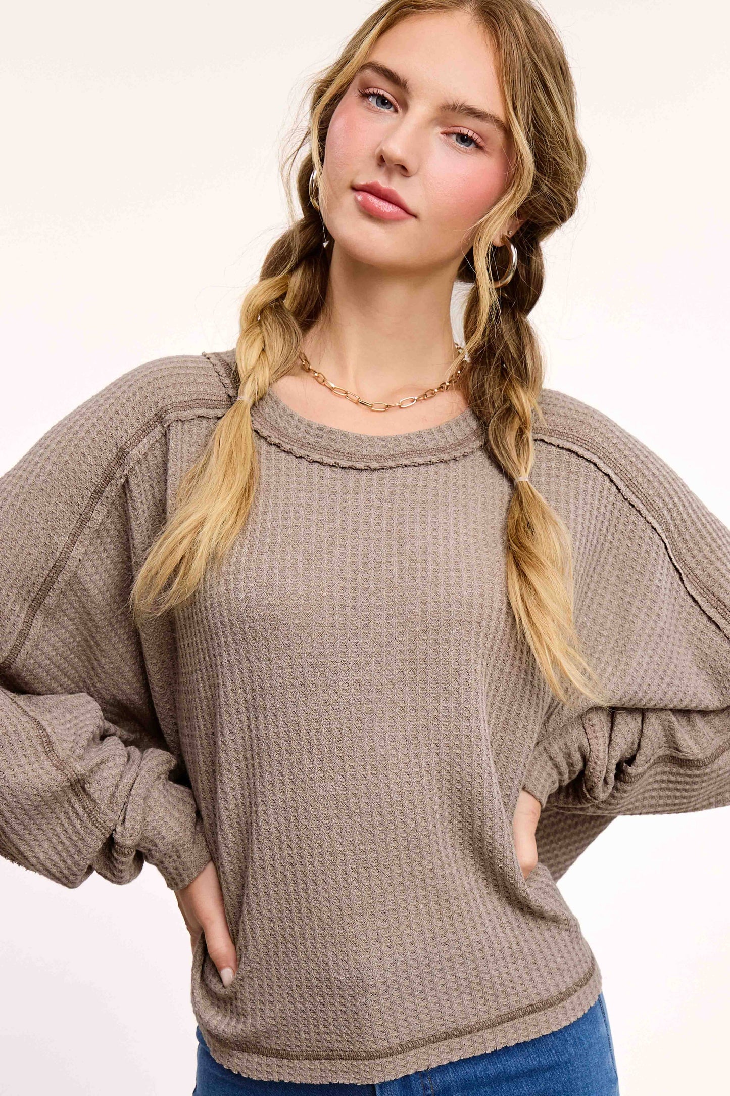 Brushed Waffle Fabric Loose Fit Long Sleeve Top