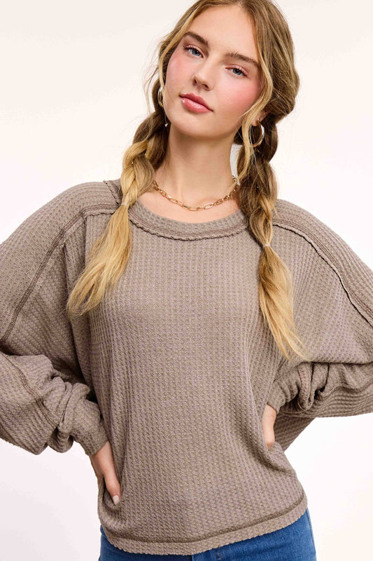 Brushed Waffle Fabric Loose Fit Long Sleeve Top