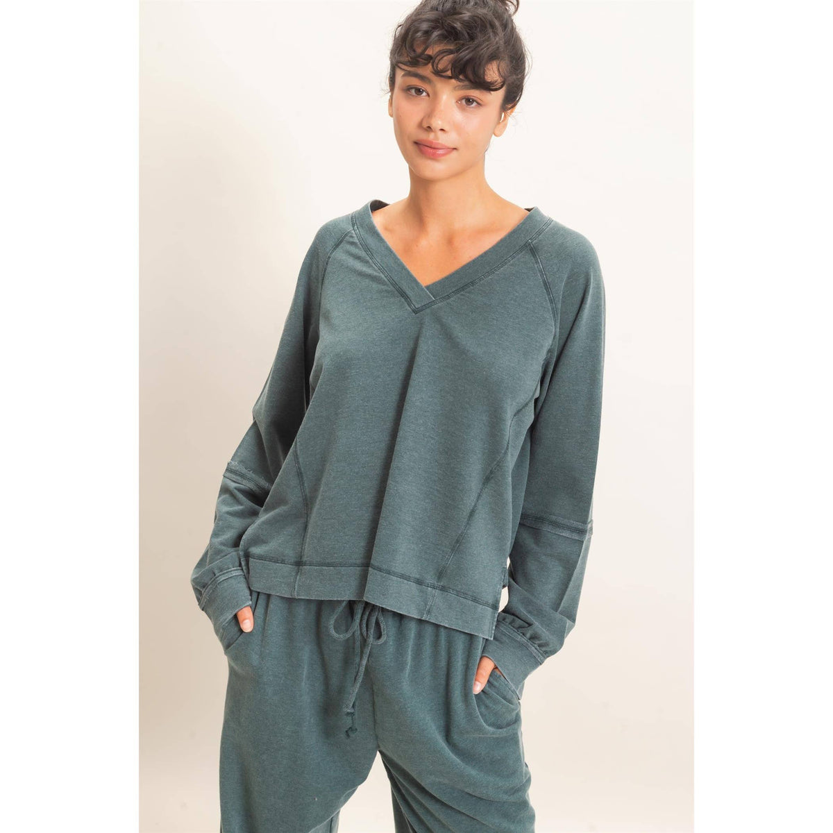 Mineral Wash V-Neck Seam Detail Sweatshirt