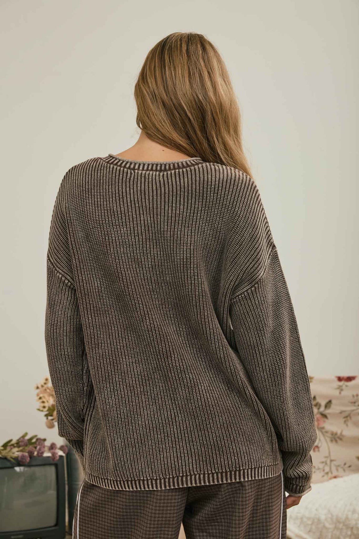 WASHED RIBBED HENLEY DROP SHOULDER KNIT SWEATER