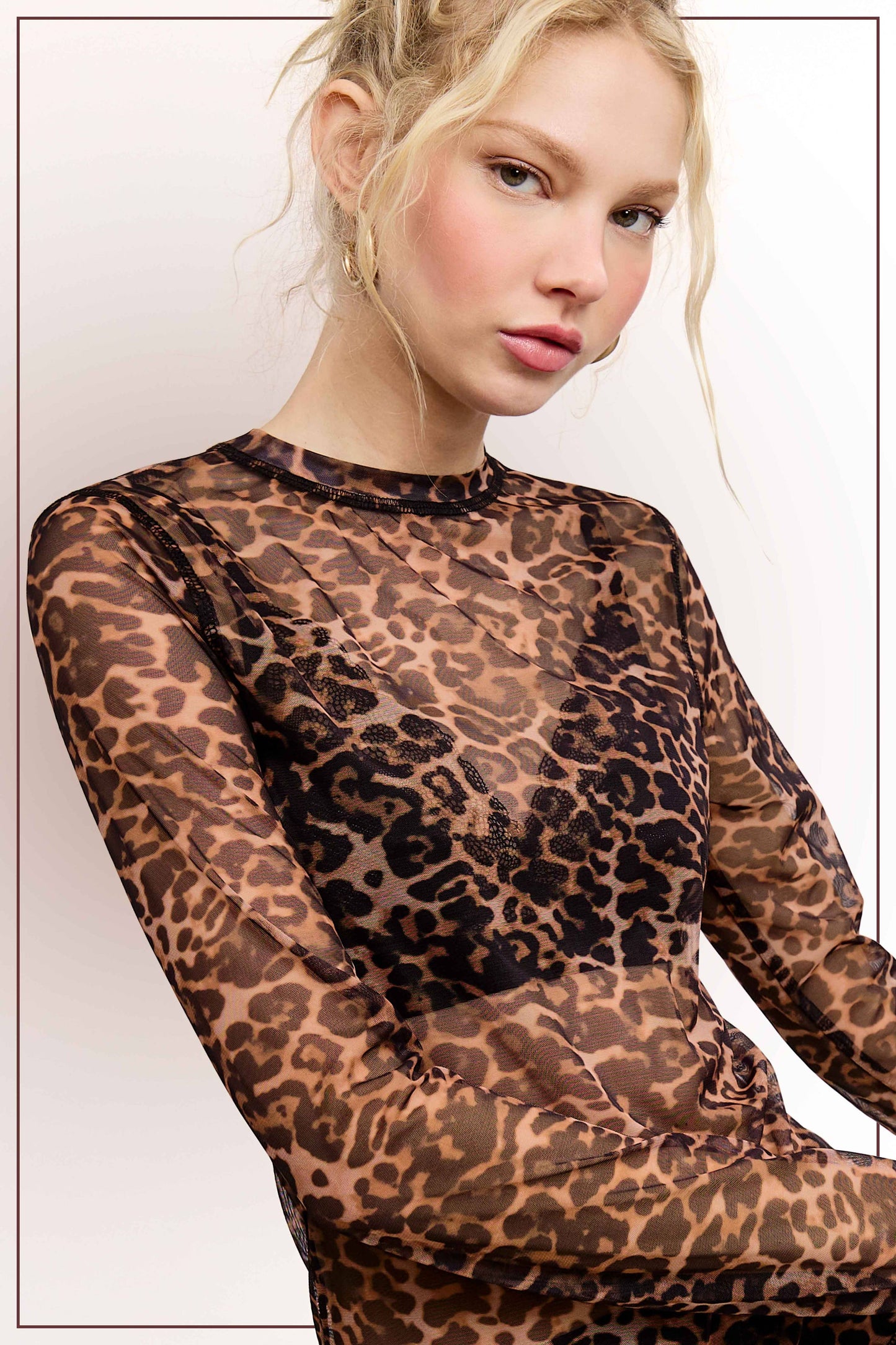 SemiSheer Leopard Crew Mock Neck Longsleeve Mesh Top