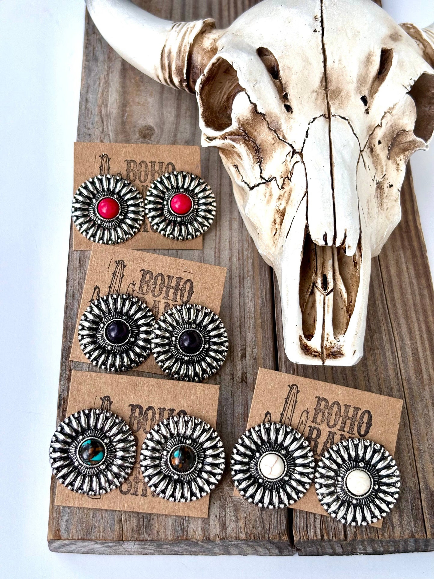 Western Round Concho with Stone Stud Earrings