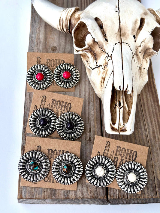 Western Round Concho with Stone Stud Earrings