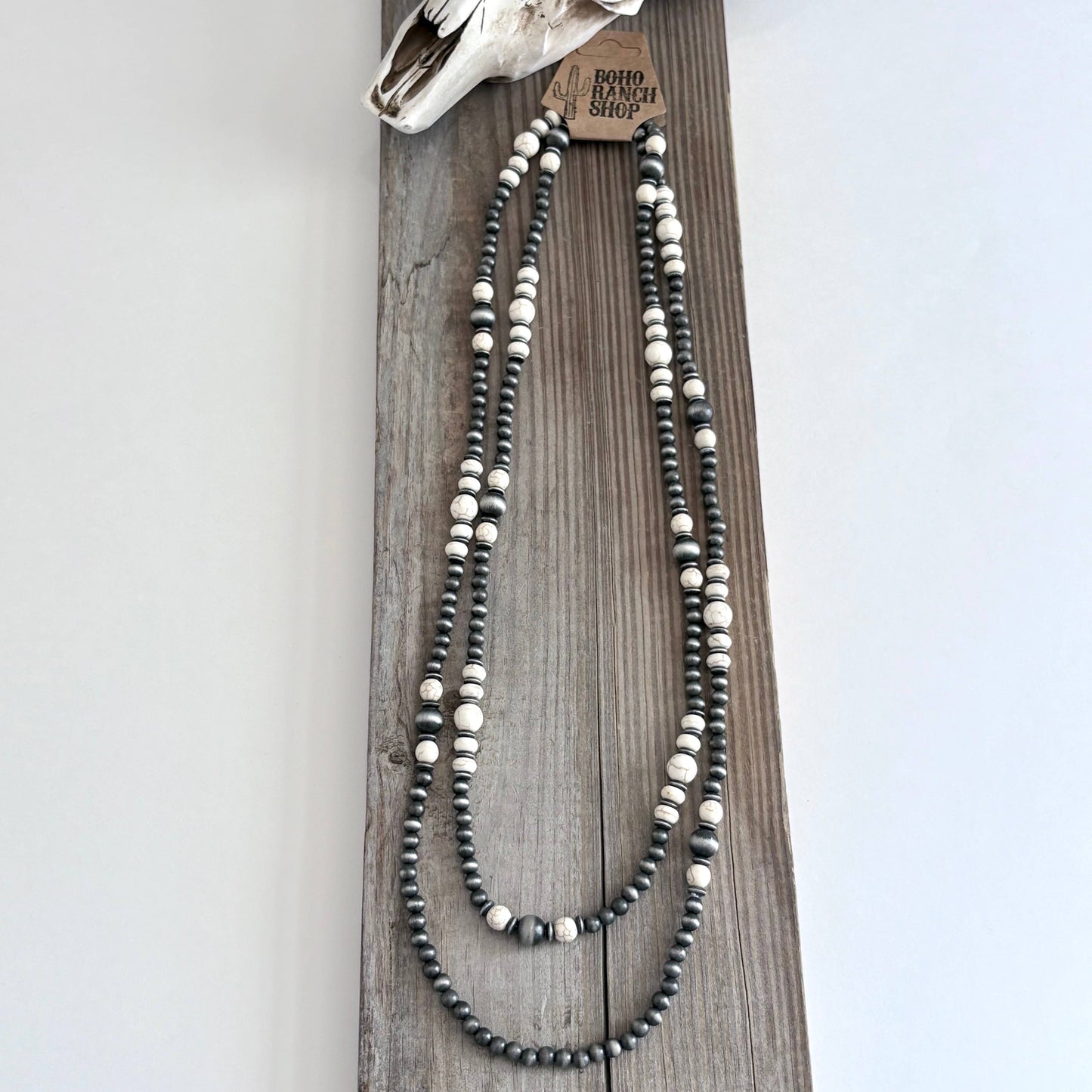 60″ Western Navajo Style Pearl & Stone Bead Long Necklace