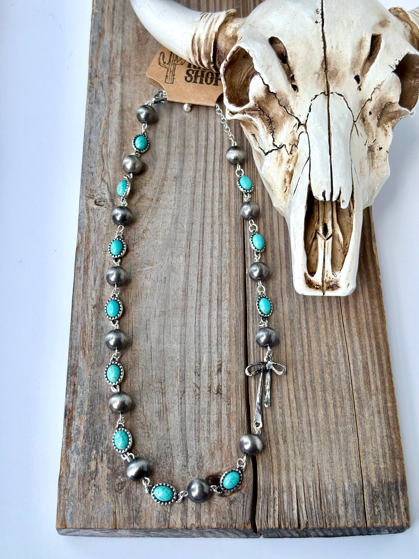 Western Style Navajo Pearl Stone Coquette Bow Necklace