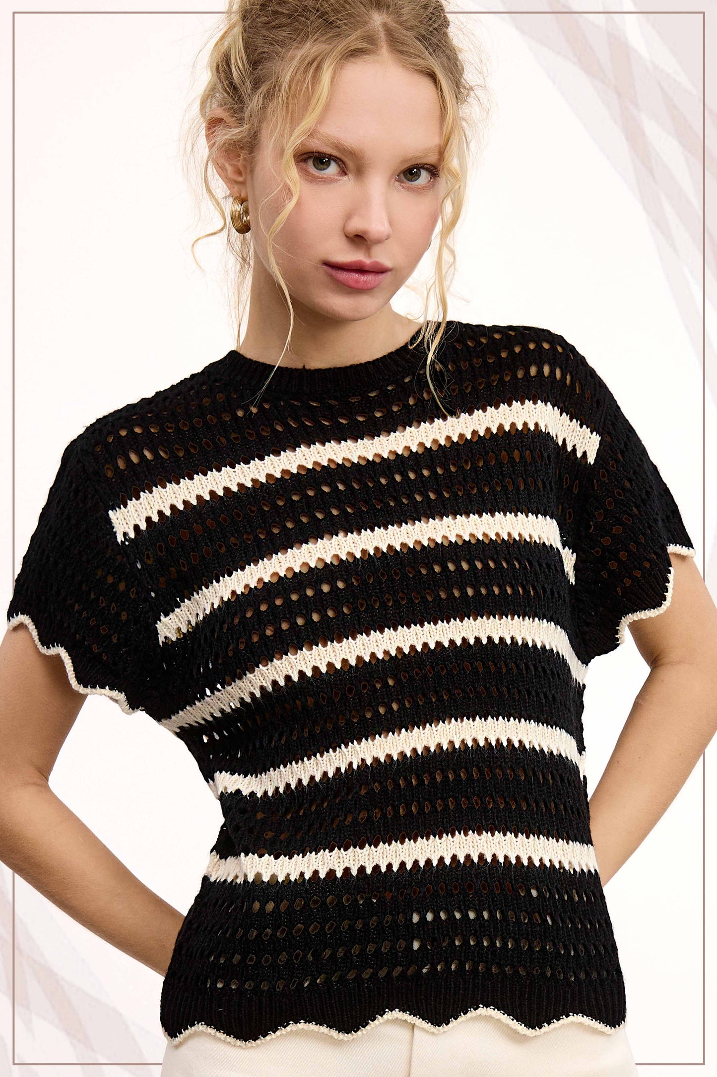 MDS3603-Round Neck Scalloped Edge Short Sleeve Sweater Easte