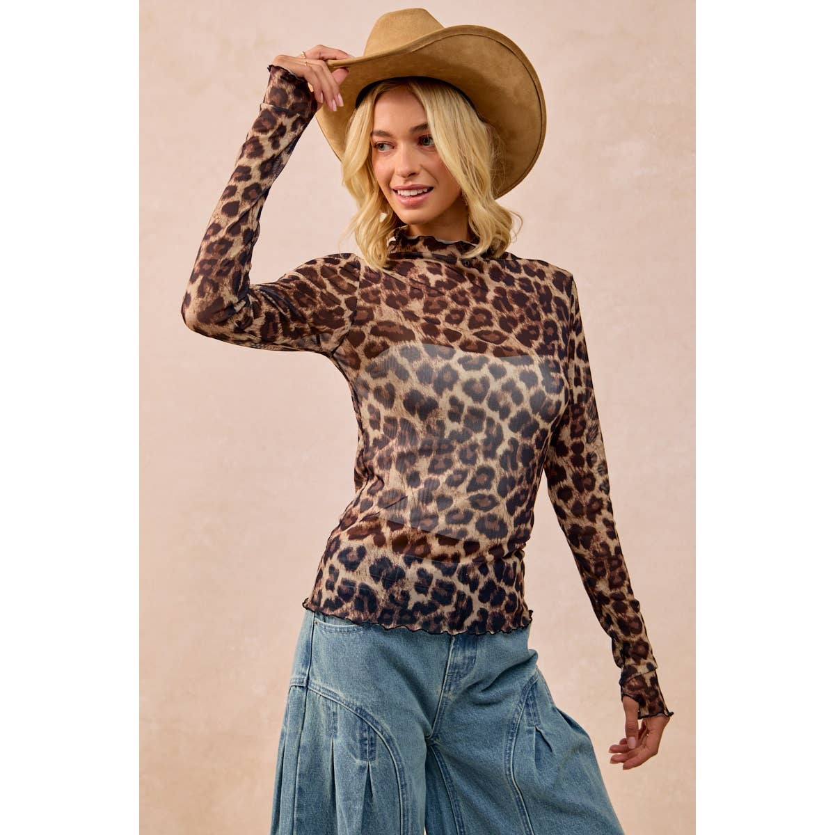 MESH LEOPARD PRINTED TOP WITH LONG SLEEVES
