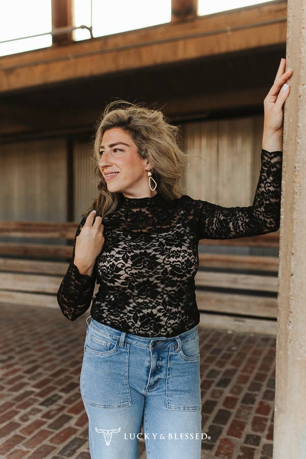 Black Floral Lace Mock Neck Long Sleeve Top