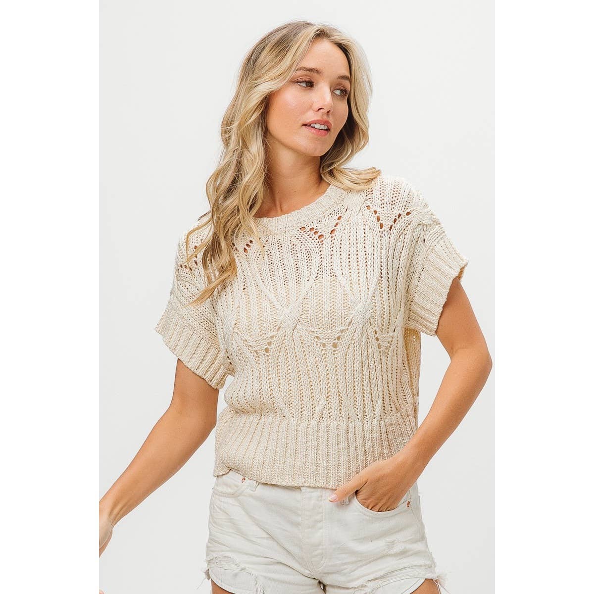 CABLE TEXTURE OPEN KNIT SWEATER TOP