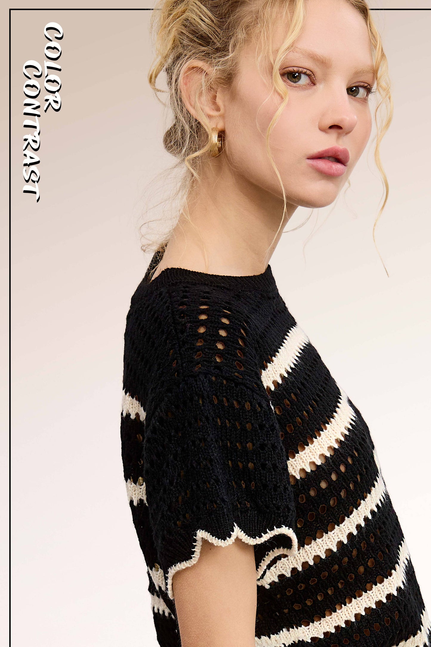 MDS3603-Round Neck Scalloped Edge Short Sleeve Sweater Easte