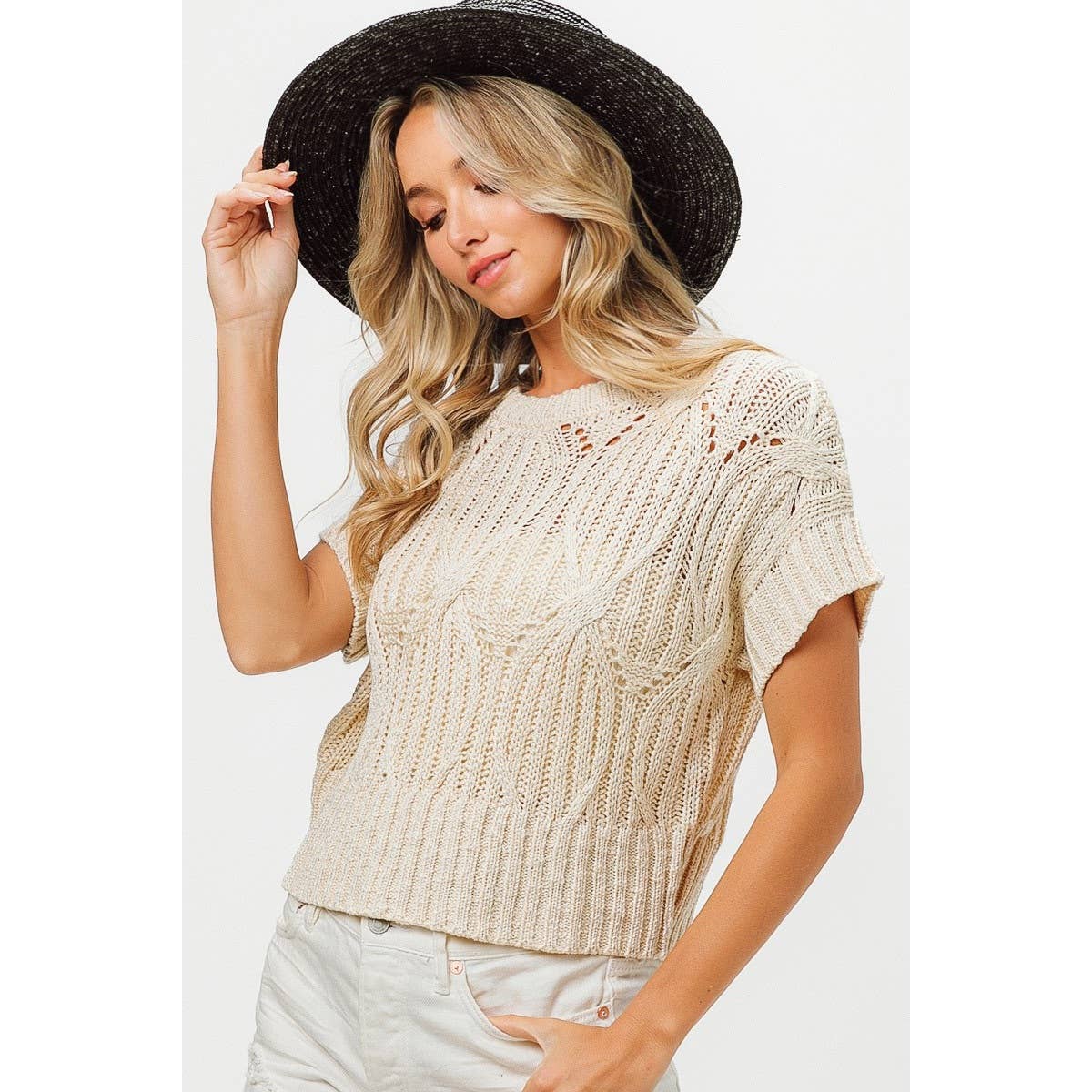 CABLE TEXTURE OPEN KNIT SWEATER TOP