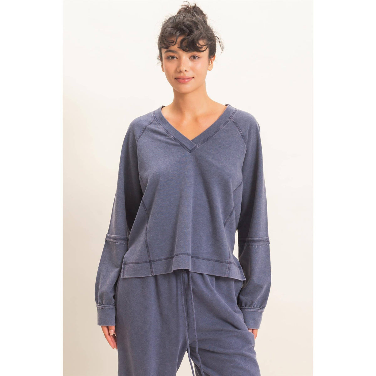 Mineral Wash V-Neck Seam Detail Sweatshirt