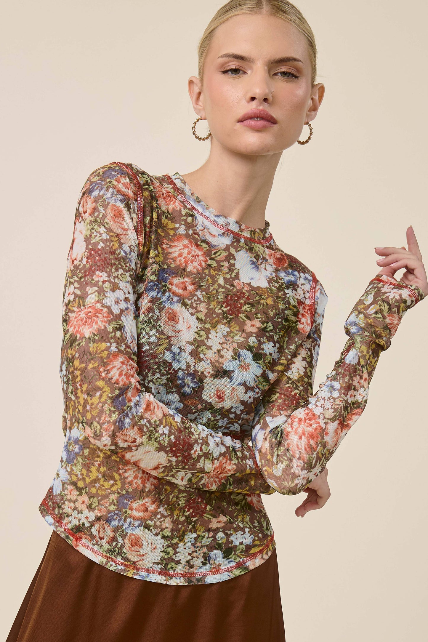 JCT7700-Semi Sheer Crew Mock Neck Long Sleeve Mesh Top
