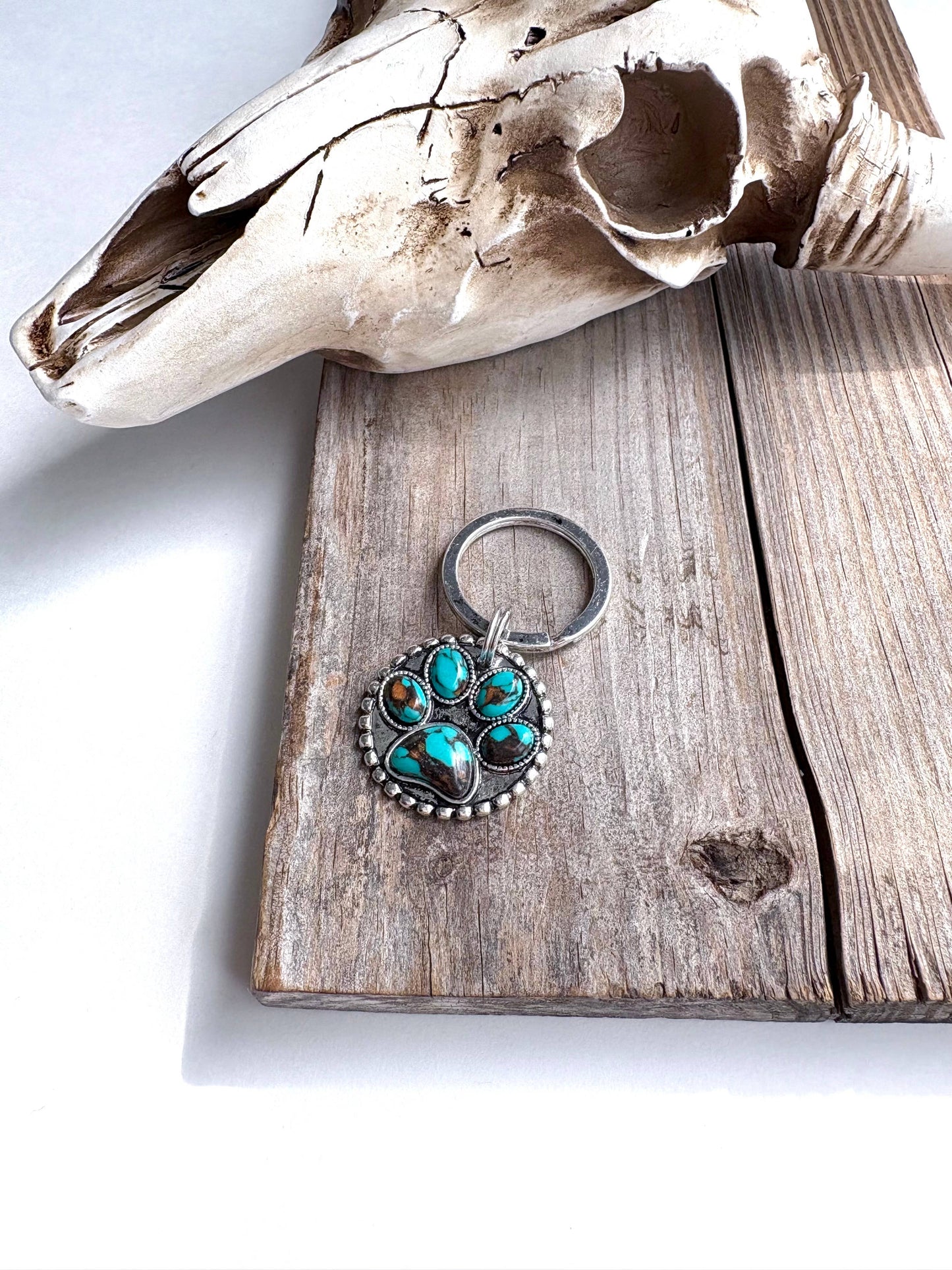 Dog Paw Stone Round Metal Pendant Keychain