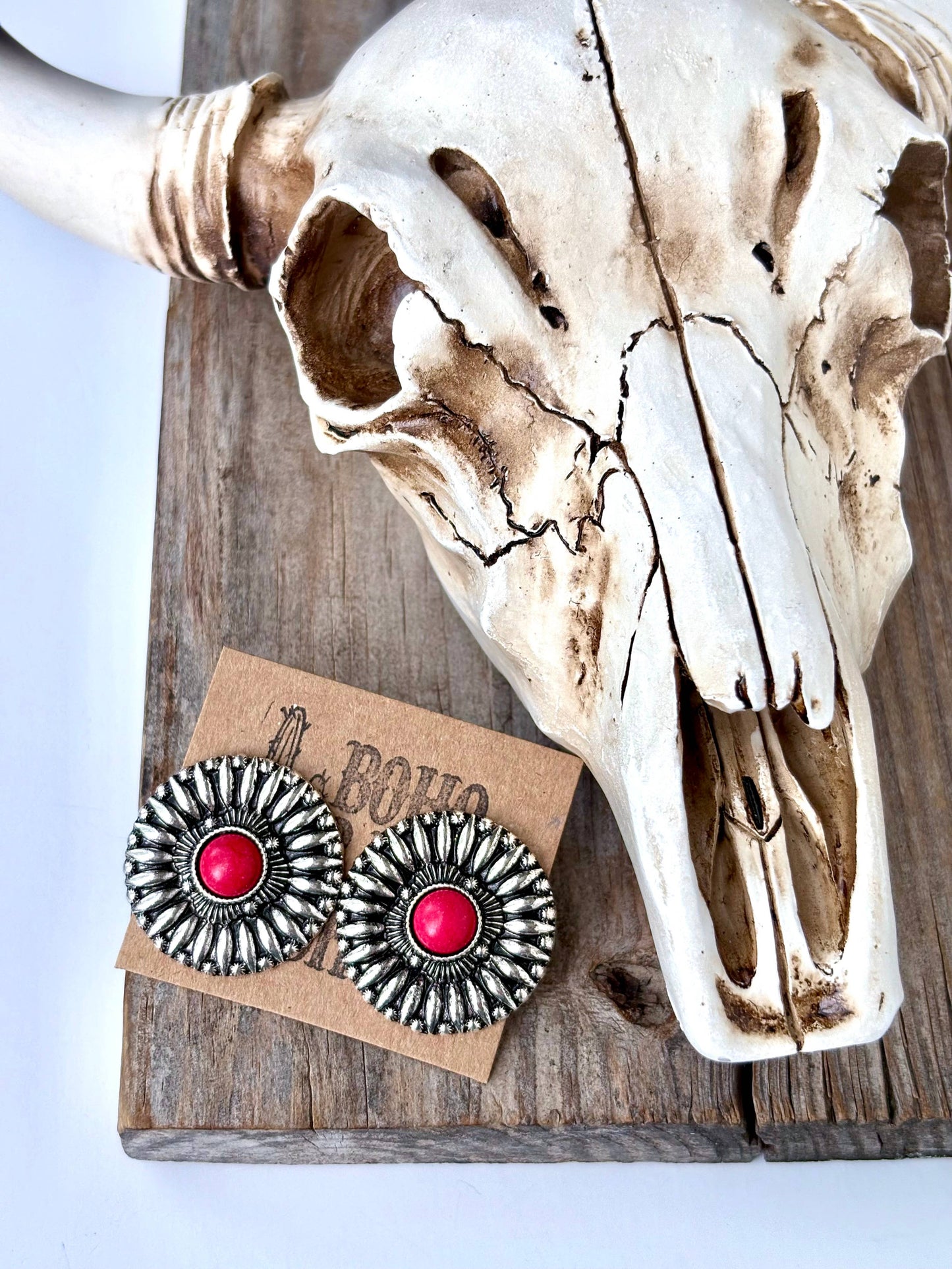 Western Round Concho with Stone Stud Earrings