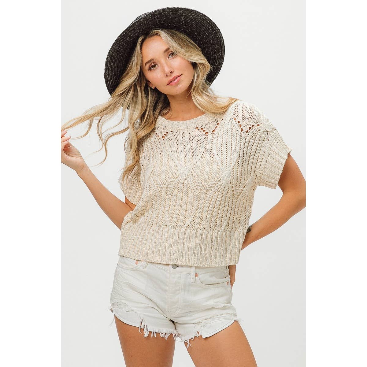 CABLE TEXTURE OPEN KNIT SWEATER TOP