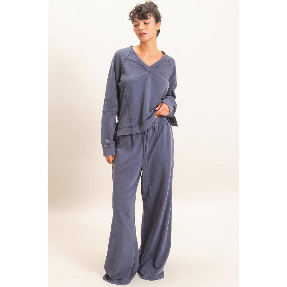 Mineral Wash V-Neck Seam Detail Sweatshirt
