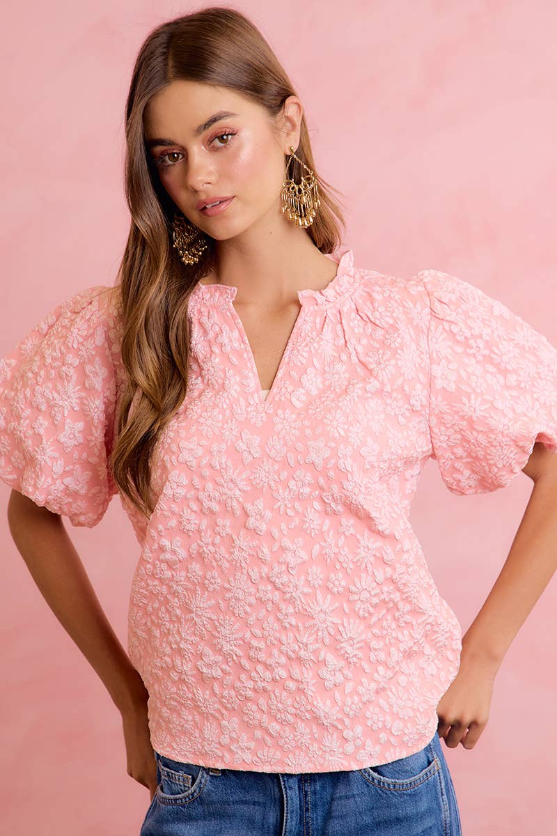 FLORAL PATTERN TEXTURE SLEEVES RUFFLED V-NECK TOP