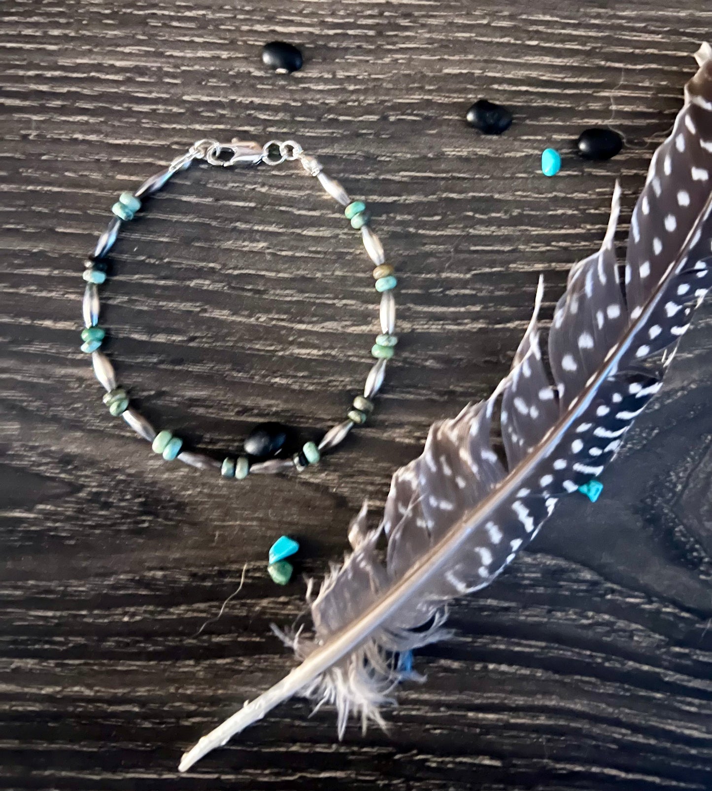 7.5” Sterling Torpedo Bead Bracelet with Turquoise Rondelle Beads