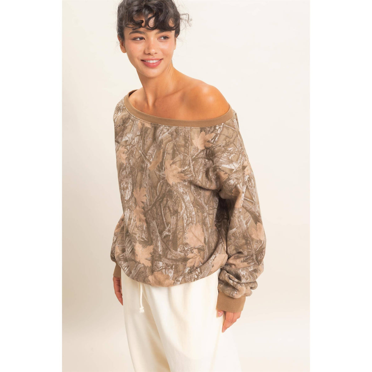 Tree Camouflage Print Off The Shoulder Sweatshirt