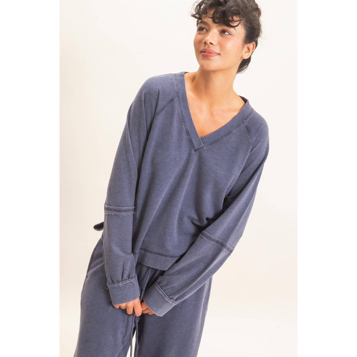 Mineral Wash V-Neck Seam Detail Sweatshirt