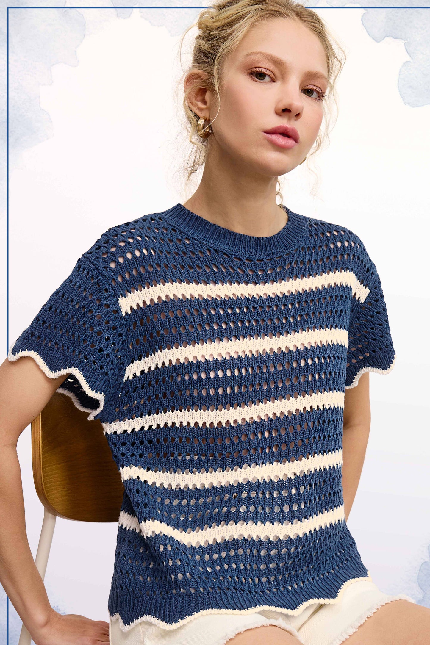 MDS3603-Round Neck Scalloped Edge Short Sleeve Sweater Easte