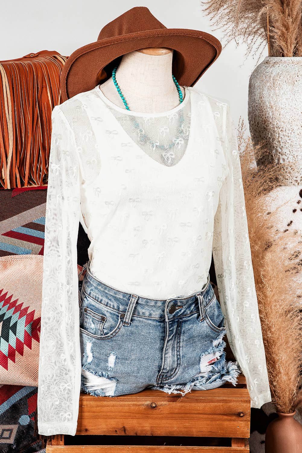 Fashion-W Mesh Bow Pattern Long Sleeve Top