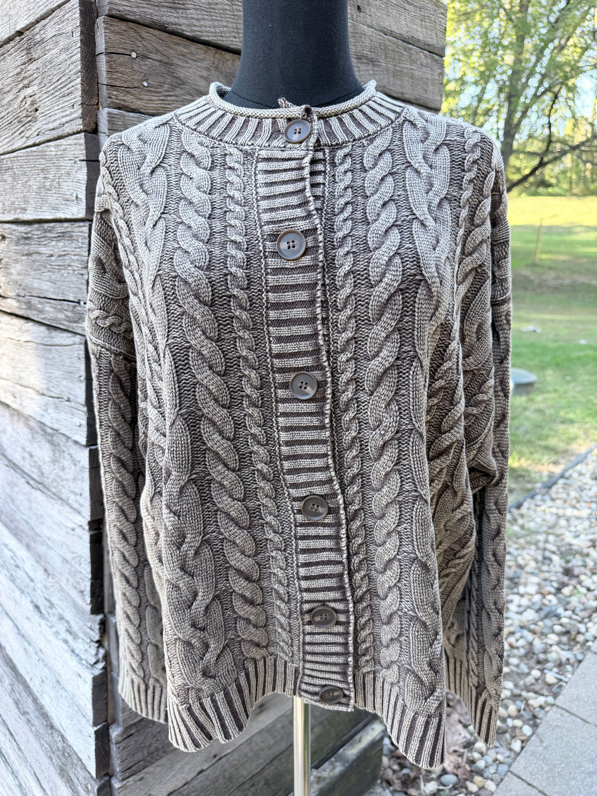 WASHED PATTERN CABLE KNIT BUTTON DOWN CARDIGAN