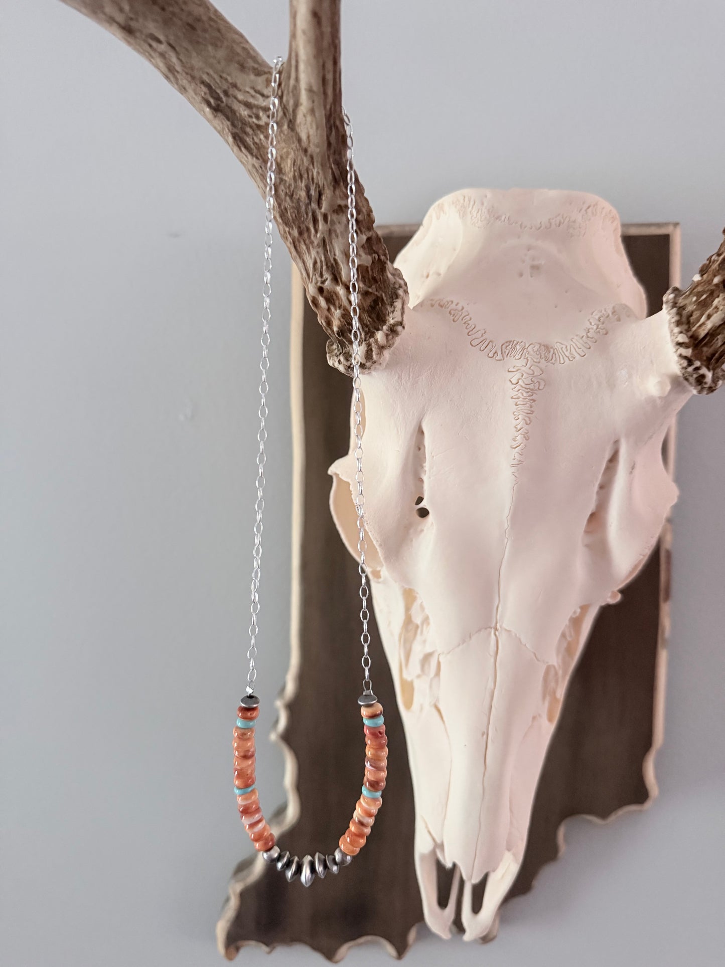 Orange Spiny, Turquoise and Sterling Pearl Chain Necklace