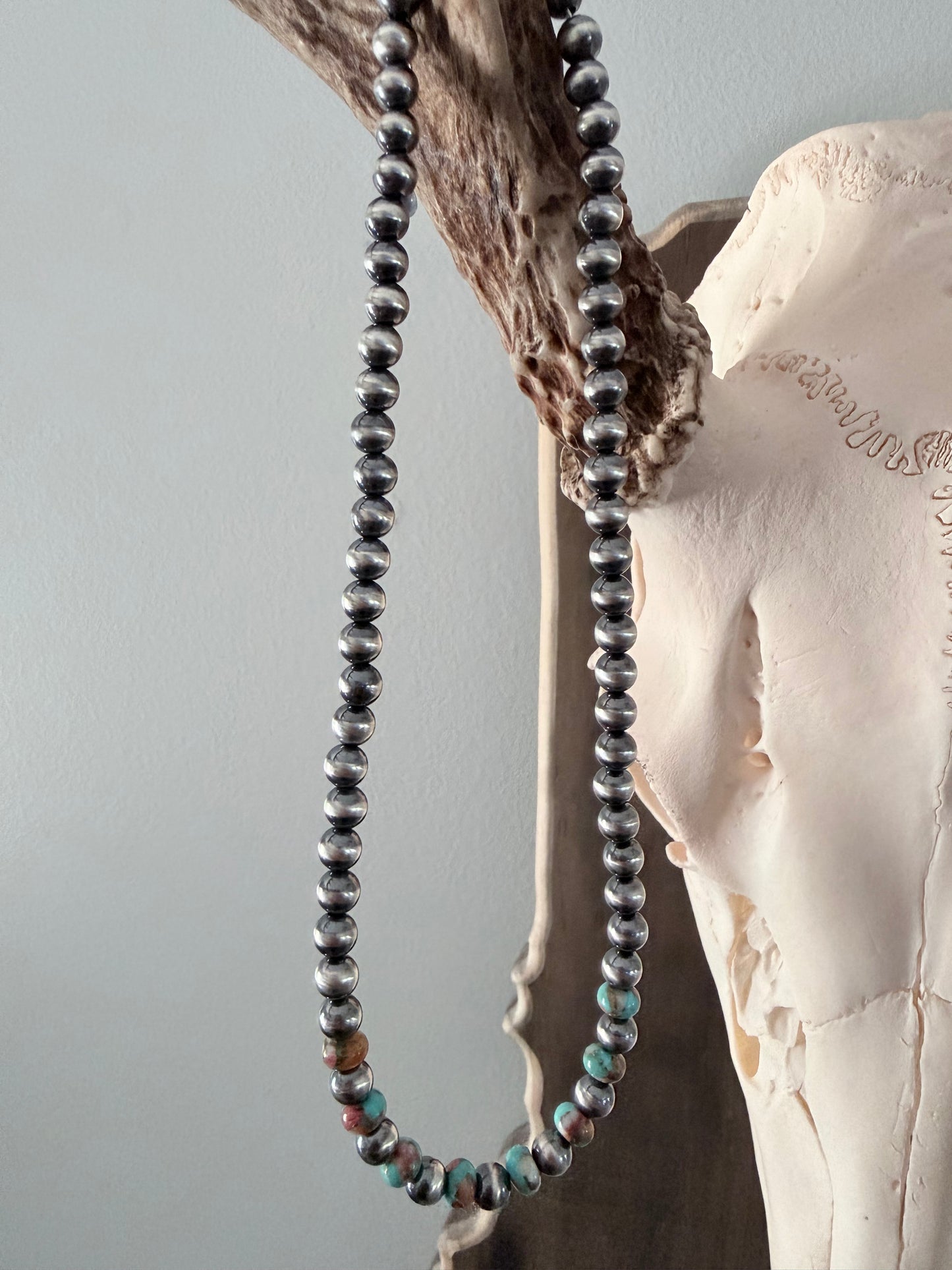 6mm Sterling Pearl Necklace with Turquoise and Spiny Mojave Beads