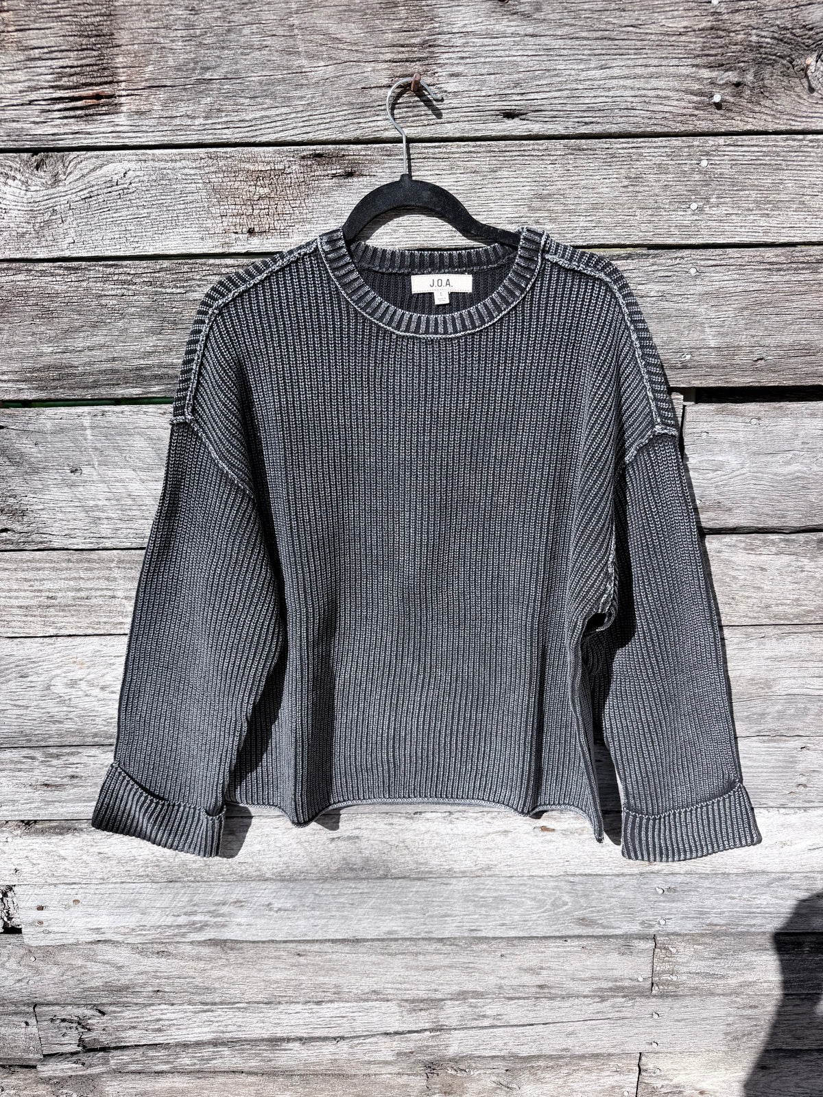 WASHED RIBBED LONG SLEEVE FOLDED CUFF KNIT SWEATER