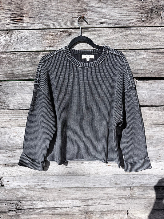 WASHED RIBBED LONG SLEEVE FOLDED CUFF KNIT SWEATER